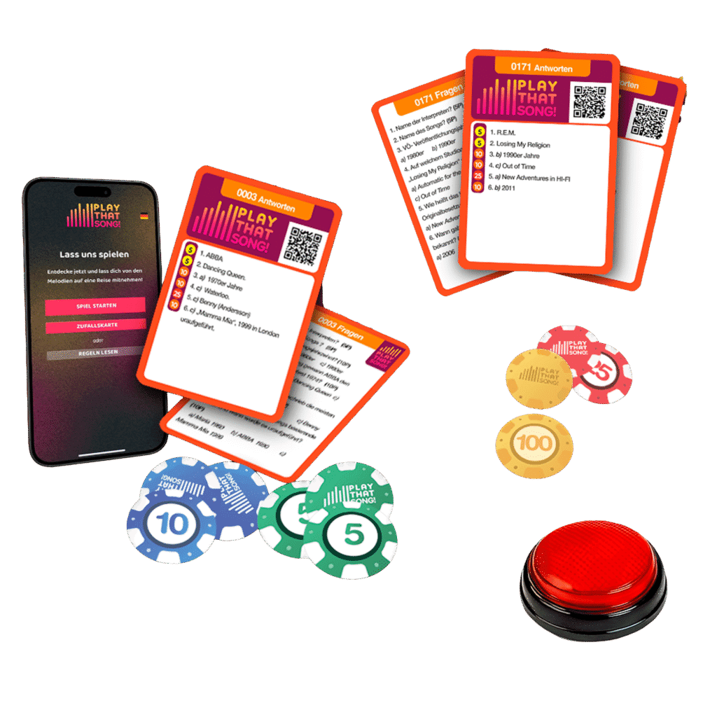 Play That Song Musikquiz – Spielkarten, Jetons, Smartphone-App und roter Buzzer