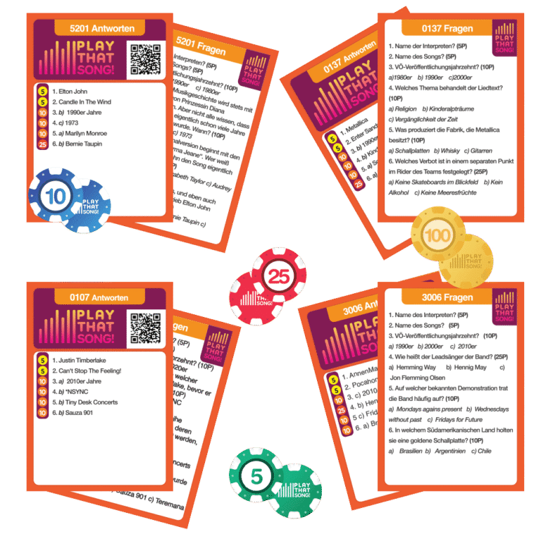 Play That Song kaufen – Spielkarten und Chips des Musikquiz